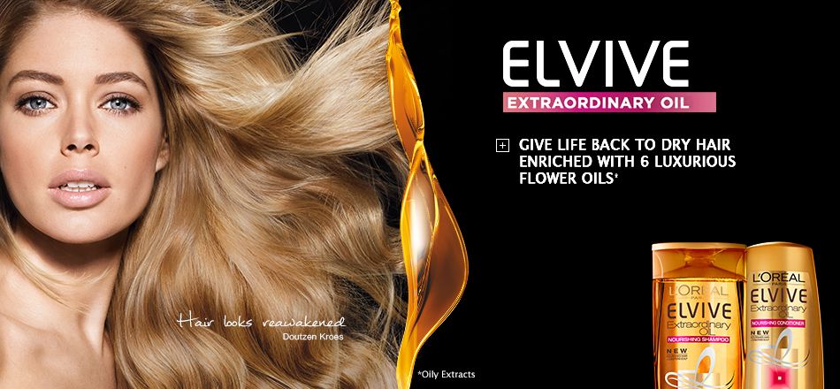 A split-screen composition featuring a model's vibrant hair on the left and high-gloss product imagery with benefits copy on the right.