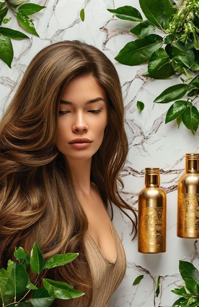 A high-end visual advertisement for a hair serum, featuring a model with healthy, flowing hair beside gold-bottled product containers on a marble surface with foliage.