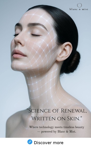 A close-up portrait of a woman with a digital grid map projected onto her face to imply scientific skin transformation.