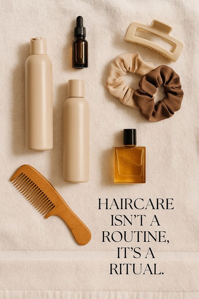 A flat-lay photograph of hair care products, including serum, bottles, a wooden comb, and accessories, on a neutral fabric background with the text: Haircare isn't a routine, it's a ritual.