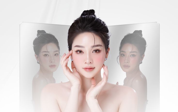 A high-end portrait showcasing a model with radiant skin using a tri-view mirror effect to emphasize symmetry and texture.