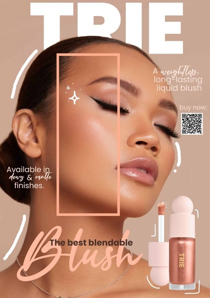 liquid blush, blush makeup, face blush, cheek color, blush cosmetics, cream blush, product launch, brand awareness, editorial, modern typography, warm, luxurious, neutral, pink, brown