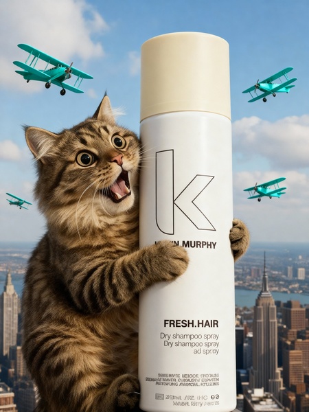 A high-energy, surreal ad featuring a cat hugging a large bottle of dry shampoo against a New York City skyline with toy planes flying overhead.