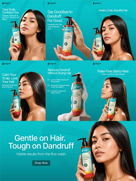 A six-panel grid collage showcasing a model holding the product with clear, benefit-focused headlines addressing dandruff concerns.