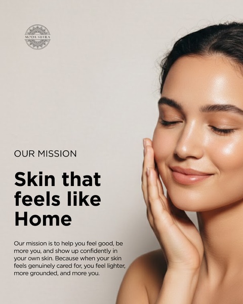 A minimalist, mission-driven ad creative for skincare featuring a serene portrait and clean, aspirational typography.