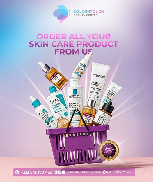 This ad displays a collection of various skin care bottles and tubes arranged inside a purple shopping basket against a soft gradient background.