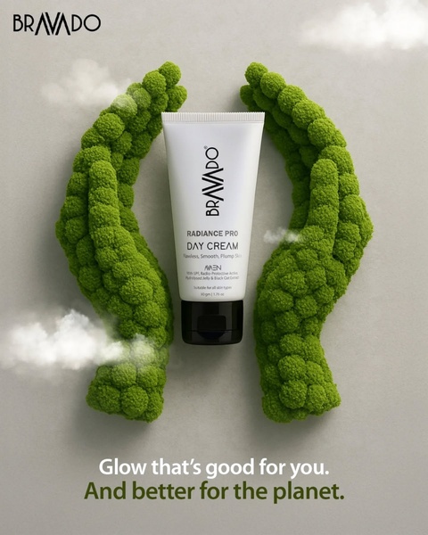 A minimalist product shot featuring a day cream cradled by textured green moss-like hands, set against a neutral background to evoke an organic, eco-friendly brand identity.