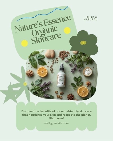 organic skincare, face mist spray, natural face serum, botanical skincare, skincare spray bottle, natural moisturizer, brand awareness, product launch, flat lay, modern typography, fresh, calm, green, pastel, yellow
