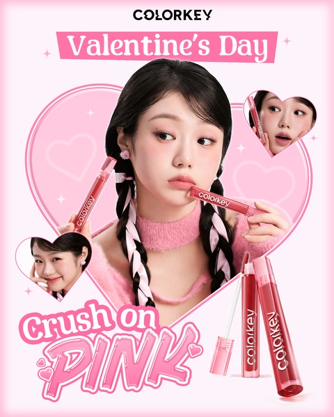 lip gloss, lip tint, liquid lipstick, lip color, lip makeup, product launch, brand awareness, editorial, modern typography, playful, warm, pink, red, valentine's day