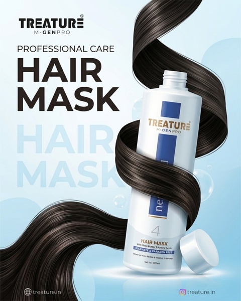 A high-quality product showcase featuring a hair mask bottle wrapped in a strand of flowing hair against a clean, professional studio background.
