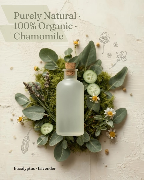 essential oil, natural body oil, organic skincare oil, chamomile oil, botanical oil, aromatherapy oil, brand awareness, product launch, flat lay, minimalist, calm, fresh, green, neutral
