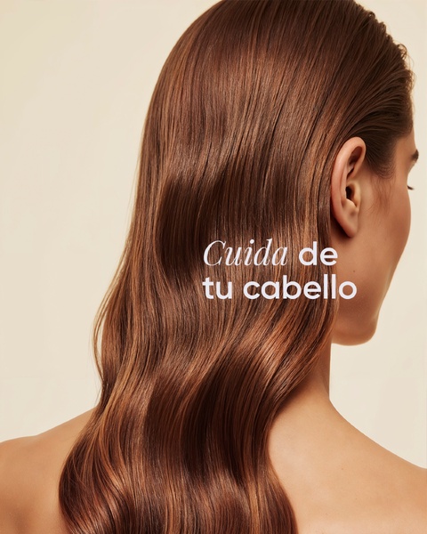A clean, studio-lit ad featuring a woman's hair from behind to showcase texture and health, accompanied by a direct brand message.