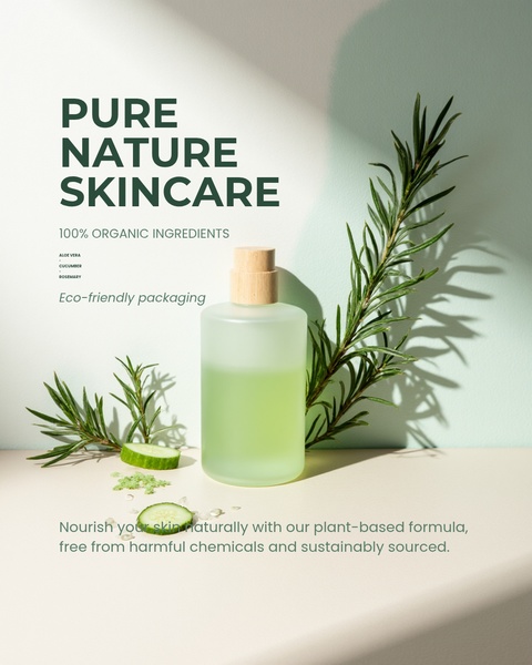 natural skincare, organic face serum, plant-based skincare, skin care bottle, organic moisturizer, face serum, brand awareness, product launch, minimalist, editorial, fresh, calm, green, neutral