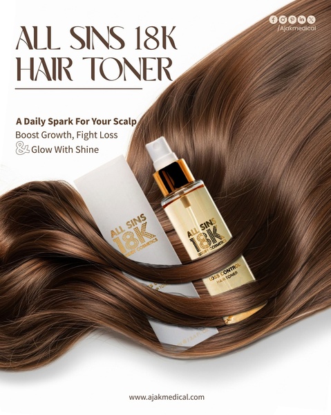 This ad creative utilizes a minimalist, high-end product photography style to highlight the Hair Toner by placing the bottle within a flowing hair texture.