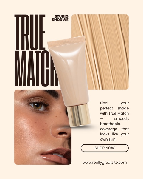 foundation, liquid foundation, face foundation, makeup foundation, skin foundation, coverage foundation, product launch, brand awareness, editorial, modern typography, bold, warm, neutral, brown, gold