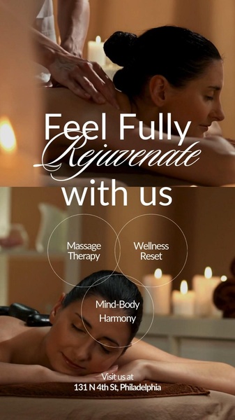 A calming 9:16 vertical ad showing a spa massage session with clear service offerings and location details at the bottom.
