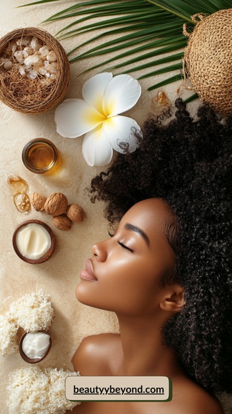 A high-quality 9:16 vertical image featuring organic skincare ingredients alongside a model in a tranquil, nature-focused aesthetic.