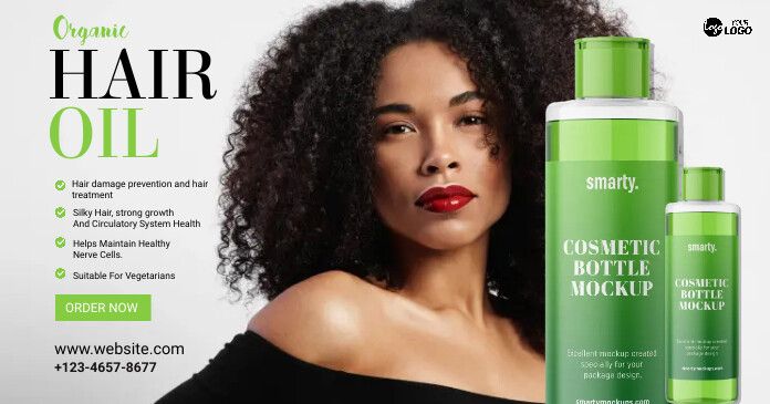 A clean, studio-lit ad featuring a person with voluminous hair next to two product bottles, highlighting clear bulleted benefits.