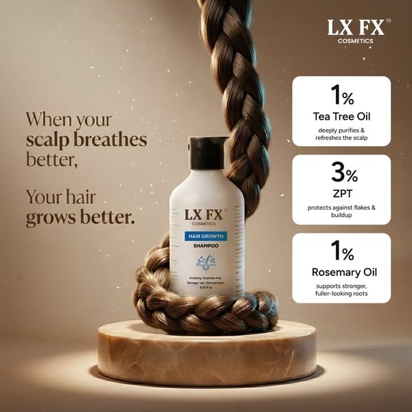 A clean, studio-lit advertisement for a hair growth shampoo that highlights its active ingredients through a clear, benefit-driven layout.