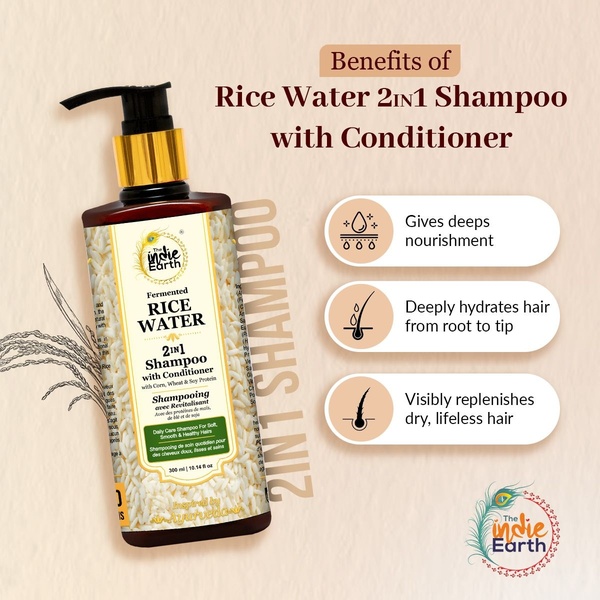 This ad creative uses a clean, educational graphic layout to present three core product benefits for a Rice Water 2in1 Shampoo alongside the physical product.