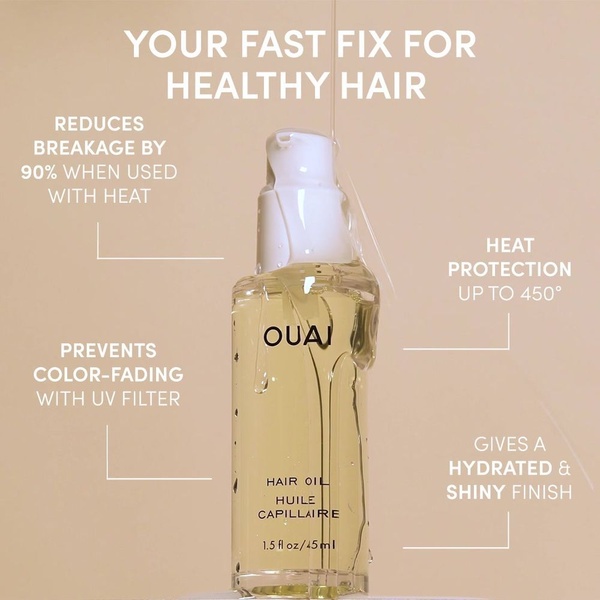 A clean, studio-lit shot of a hair oil bottle featuring four distinct benefit callouts connected by lines, emphasizing a problem-solution narrative.