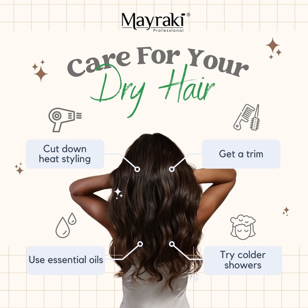 A clean, instructional graphic using a central image and call-out pointers to provide helpful tips for managing dry hair.