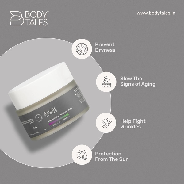 A clean, minimalist 1:1 product display featuring a clear list of four key skin health benefits arranged in a balanced grid.