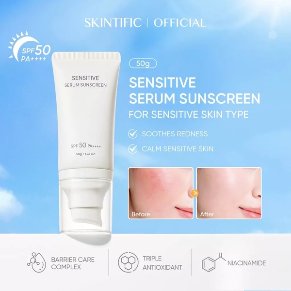 sunscreen, facial sunscreen, spf serum, sun protection cream, face sunscreen spf 50, sensitive skin sunscreen, product launch, brand awareness, minimalist, fresh, trustworthy, blue, neutral