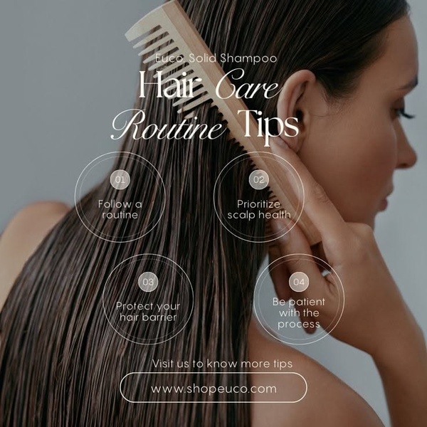 This ad creative utilizes a 1:1 format to provide a simple, 4-step educational guide for hair health, positioning the solid shampoo as part of a routine.