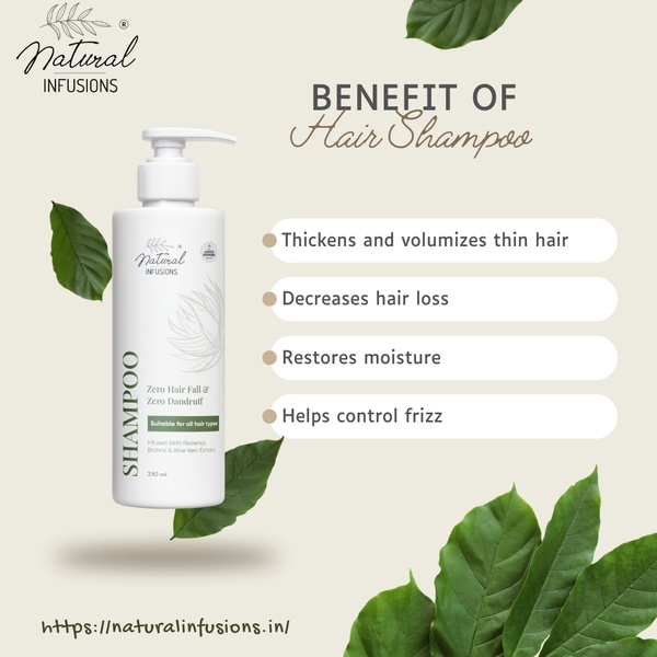 A minimalist, feature-focused ad creative for hair shampoo that uses clean typography and organic imagery to highlight product benefits.