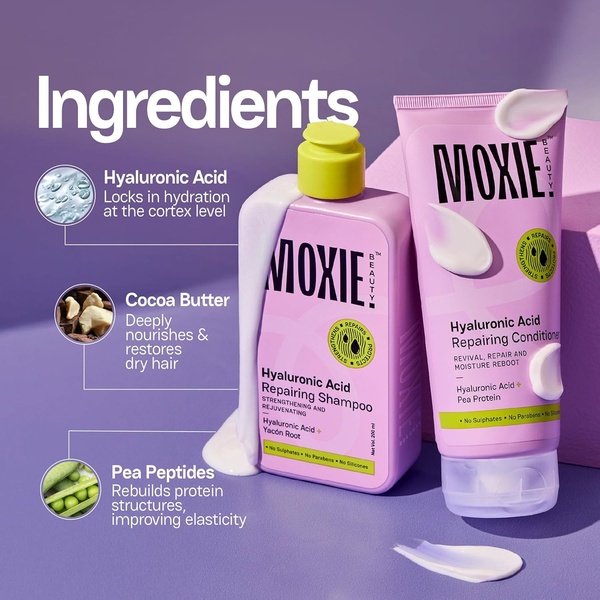 A square-format static ad highlighting the key ingredients of a shampoo and conditioner set using clear labels and call-out circles.
