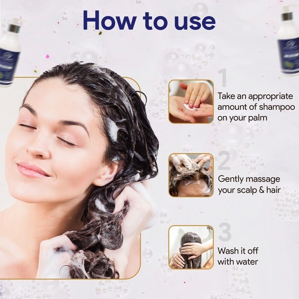 A high-clarity instructional graphic showing the three-step usage process of a hair care product with a user-focused imagery approach.