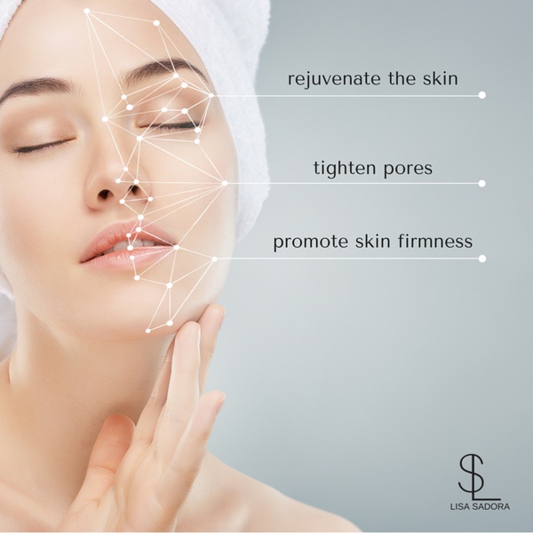 This ad features a high-end skincare portrait overlayed with geometric lines to highlight specific dermatological benefits for a facial serum.
