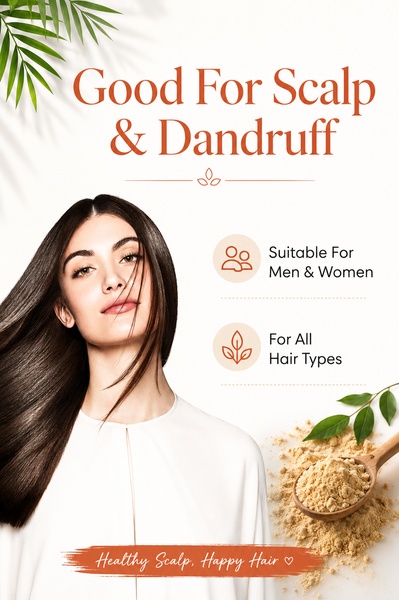 A clean, high-contrast ad creative for a scalp care powder that highlights key product benefits and inclusivity for all hair types.
