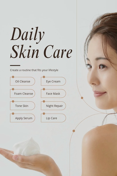 A clean, list-based educational ad highlighting a multi-step skin care routine through a soft-focus lifestyle image.