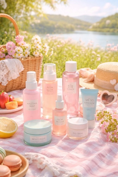 skincare set, face care routine, moisturizer, toner, sunscreen, eye cream, facial mist, product launch, brand awareness, lifestyle, outdoor, playful, fresh, pastel, pink, blue, spring campaign