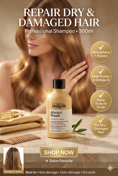 A 2_3 vertical ad creative for a professional shampoo that uses a clear before-and-after contrast, benefit-focused bullet points, and high-quality product photography to communicate value.