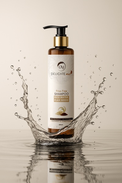 A high-contrast product photography ad featuring a Rice Water Shampoo bottle rising from a water splash against a soft, neutral studio backdrop.
