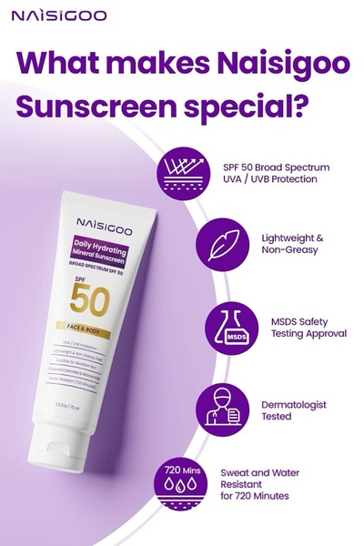 sunscreen, mineral sunscreen, spf 50 sunscreen, face sunscreen, body sunscreen, sun protection cream, brand awareness, bestseller push, minimalist, modern typography, trustworthy, fresh, purple, neutral