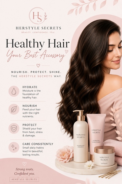 A clean, aesthetic 2:3 creative featuring a model with long, healthy hair alongside a shampoo, conditioner, and mask set, organized by clear benefit pillars.