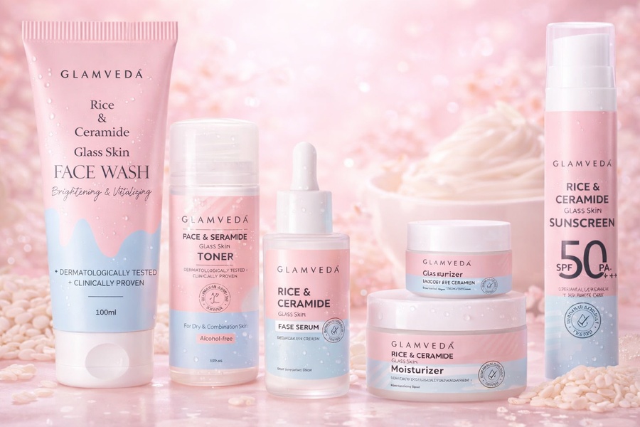 skincare set, face serum, facial moisturizer, face wash, skin toner, sunscreen spf 50, ceramide skincare, product launch, brand awareness, minimalist, editorial, fresh, calm, pink, pastel, neutral