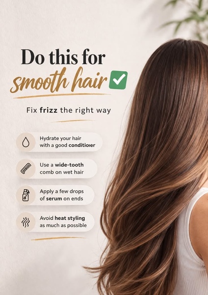 An educational list-based ad creative for hair serum that provides clear, actionable steps to fix hair frizz and maintain smooth results.