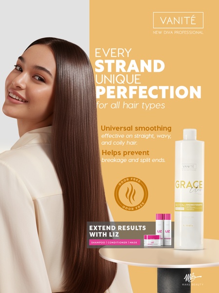 A clean, professional 3:4 aspect ratio ad featuring a smiling model with smooth hair and the product bottle to emphasize hair care results.