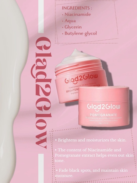 A high-contrast, pink-toned product showcase highlighting ingredients like Niacinamide and Pomegranate extract for a brightening moisturizer.