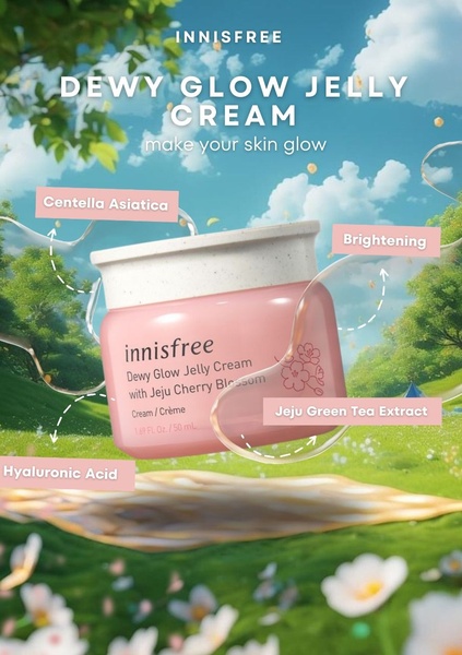 A high-quality product shot of a jelly cream jar set in a bright, natural meadow with floating ingredient labels highlighting key botanical benefits.