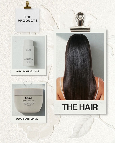 A split-view creative showing the product bottles on the left and the visible hair result on the right, using a paper-clip aesthetic for a clean, editorial look.