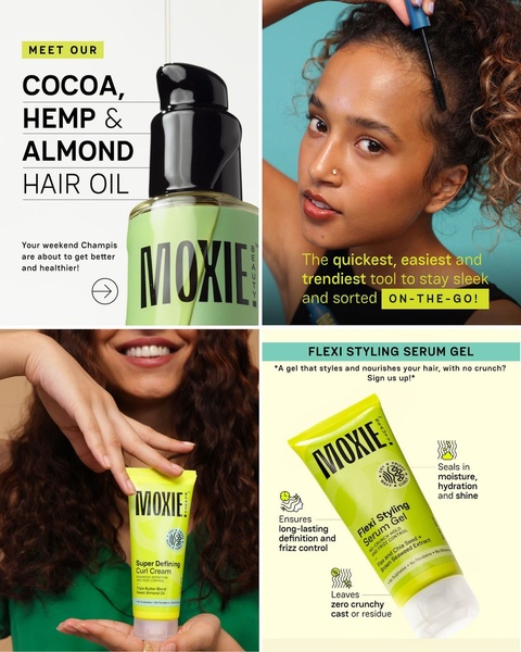 A four-quadrant split screen showcasing different hair care products with close-ups, benefit callouts, and clear branding for maximum educational impact.