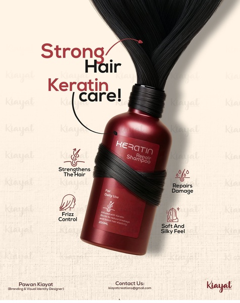 This ad creative utilizes a vertical product-centric composition with clear callouts for product benefits like strength, repair, and frizz control.