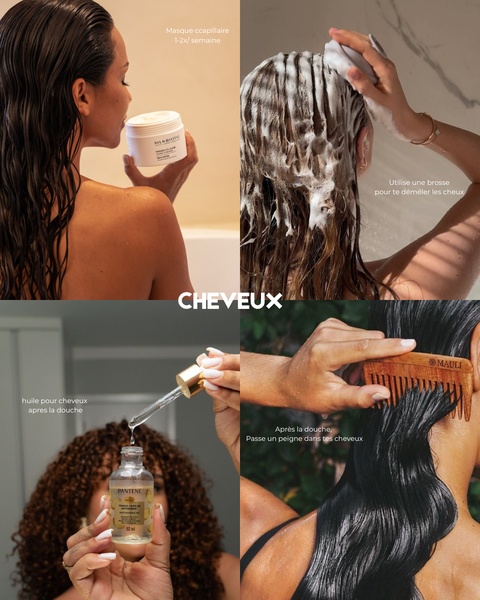 A 4-panel visual grid showing different stages of a hair care routine, from applying a hair mask to using oil and detangling after a shower.