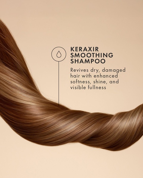 A minimalist, studio-style ad for smoothing shampoo that uses high-quality hair imagery and clear, benefit-driven text to highlight product efficacy.